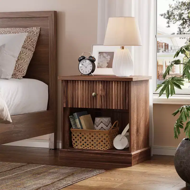 24 Fluted Nightstand with Drawer, Mid Century Modern Bedside Table with Open Shelf, Wood Nightstand with Curved Edge Base for Living Room Bedroom