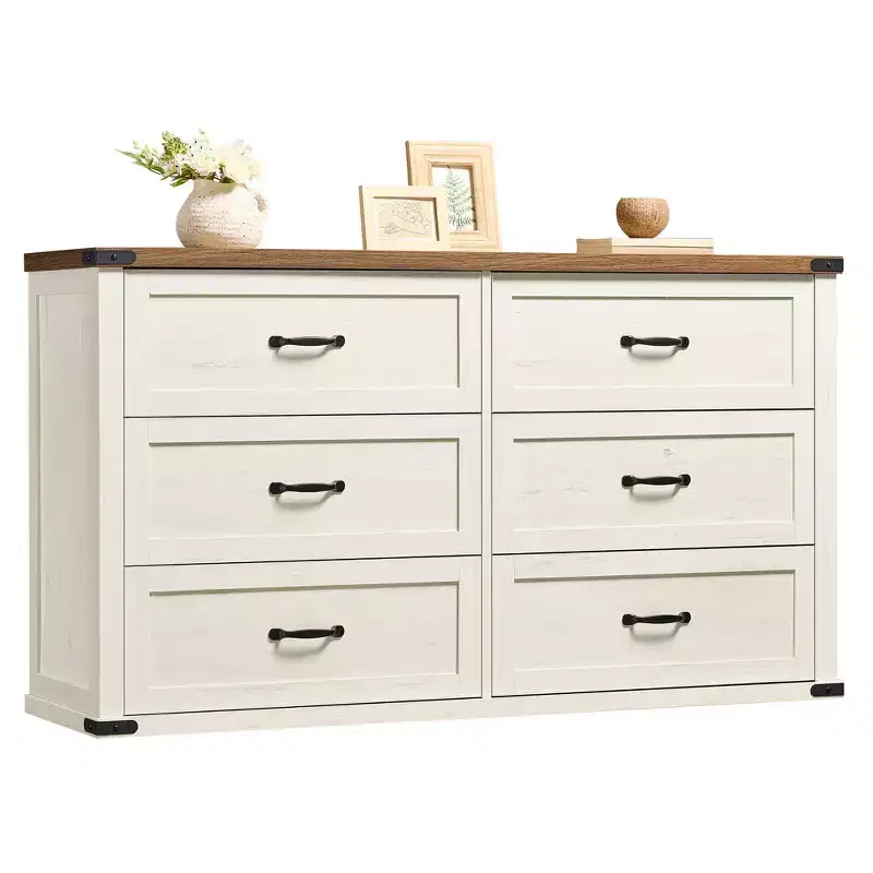 6-Drawer Dresser, 54-Inch Wide Modern Farmhouse Chest of Drawers with Metal Handles, TV Stand, Anti-Tipping