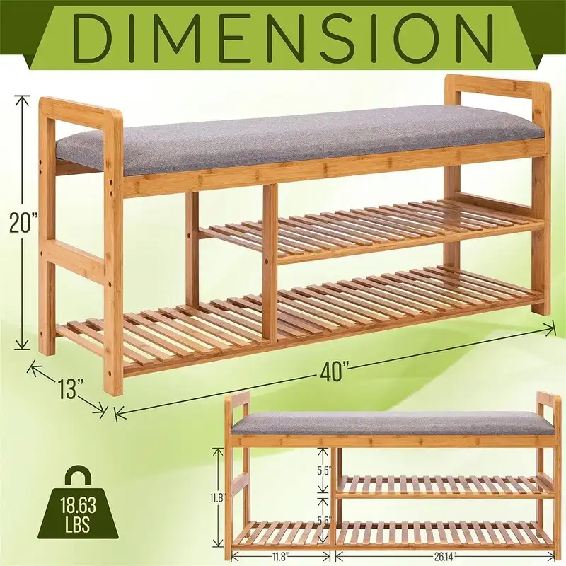 2 in 1 Bamboo Shoe Rack Bench - 40D x 20W x 13H