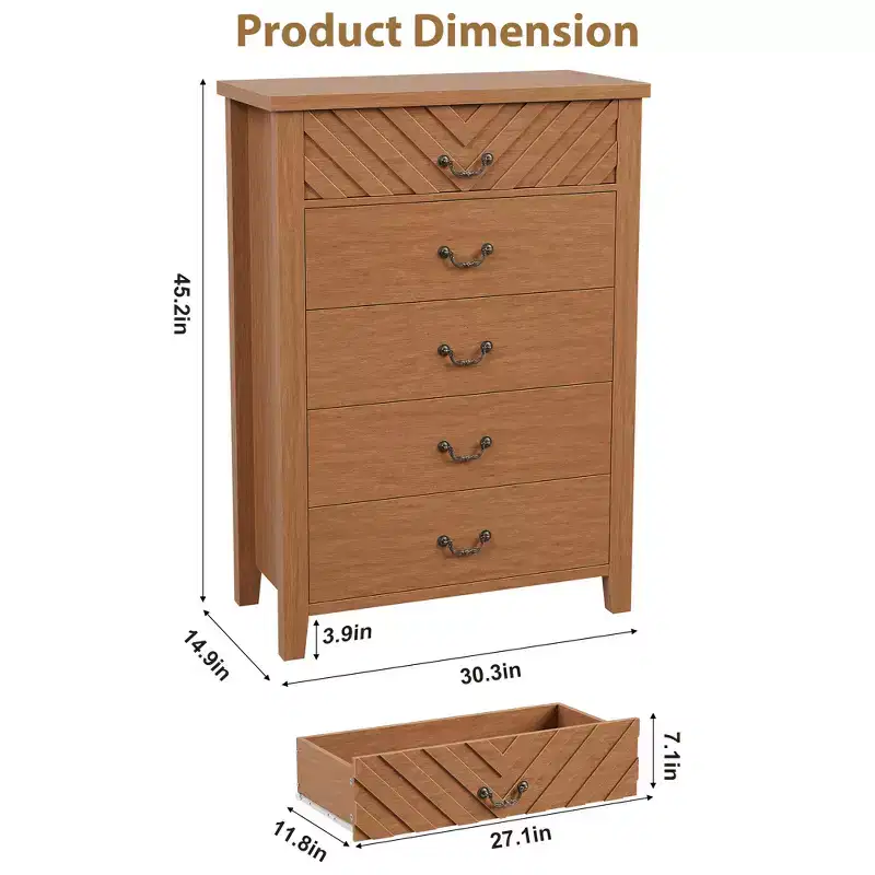 5 Drawer Dresser for Bedroom, 45in Tall 5 Chest of Drawer with V Shape Design, Modern Wooden Closet Nightstand for Living Room Entryway Nursery