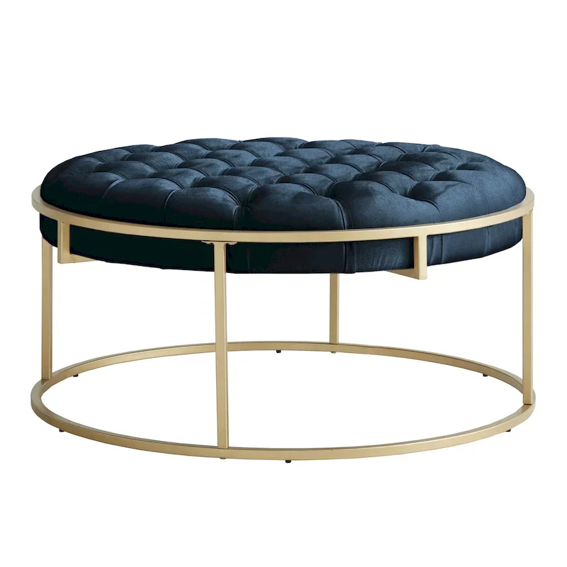 Perdita Gold Finish Velvet Round Tufted Ottoman