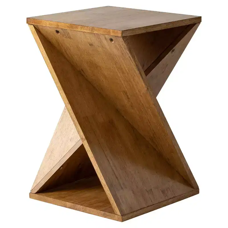 Brown Rubberwood Farmhouse End Table with Twisted Pedestal Design