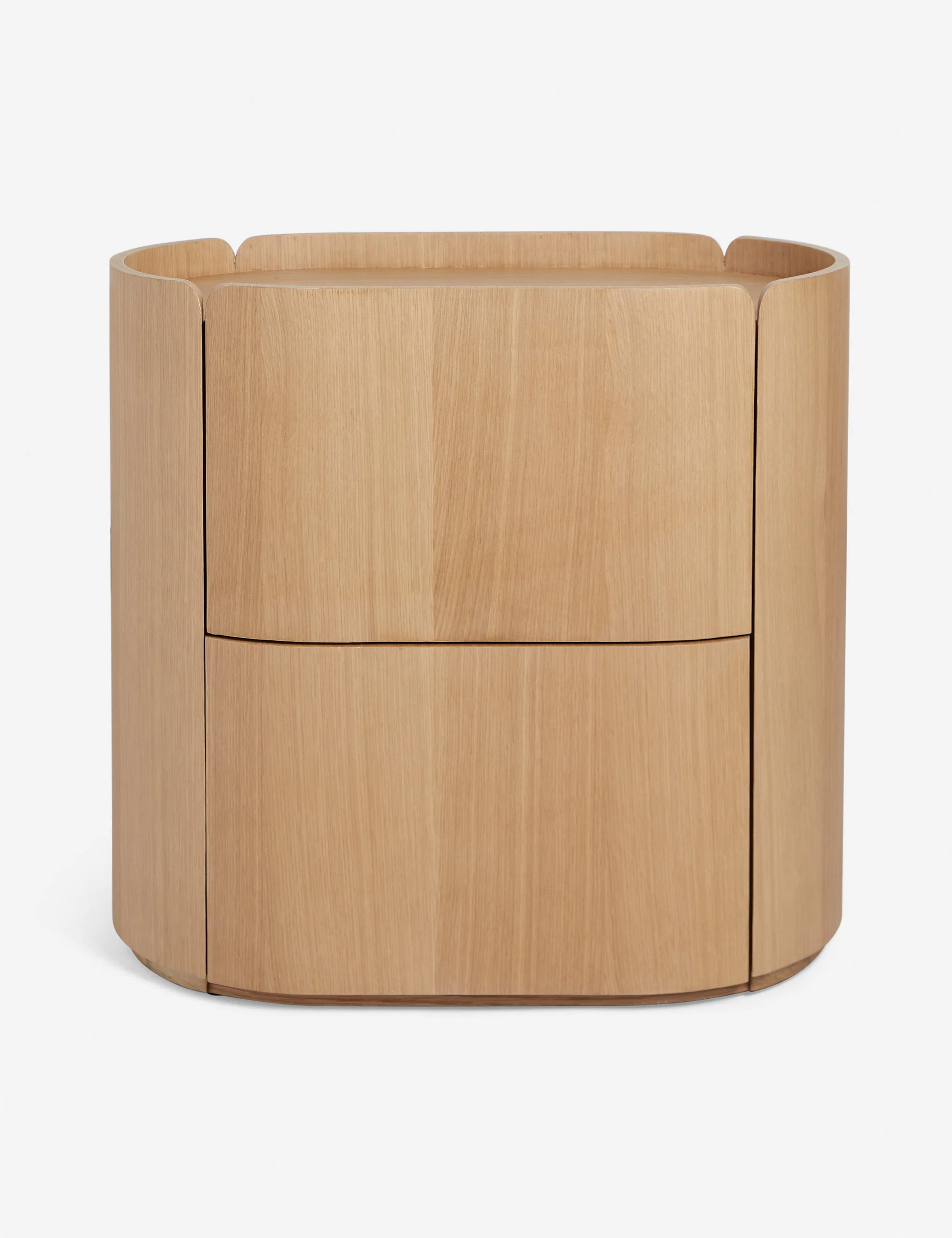 Nightstand Our nightstand offers a profile that's sculptural and modern yet grounded in natural grain appeal. Two convenient, push-to-open drawers
