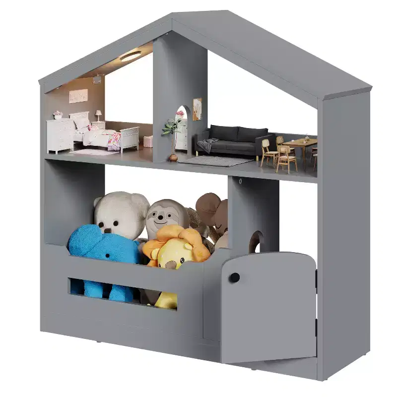 2-Tier Kids Bookshelf with Motion Detector Light, House-Shaped Toy Storage Organizer