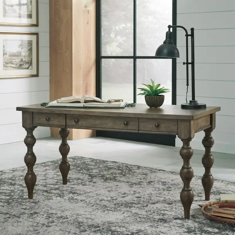 Dusty Taupe Writing Desk with Turned Legs and Storage Drawers