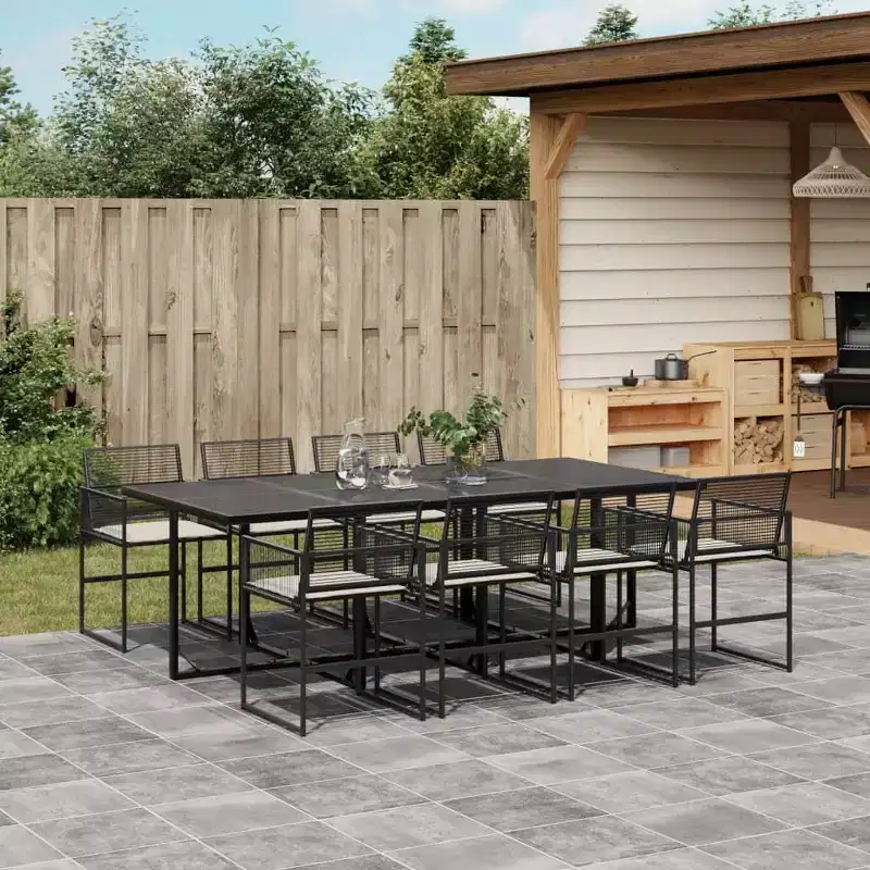 vidaXL Patio Dining Set 9-Piece Black Poly Rattan Synthetic Garden Furniture with Cushions, Rectangular Glass Table, Foldable Chairs