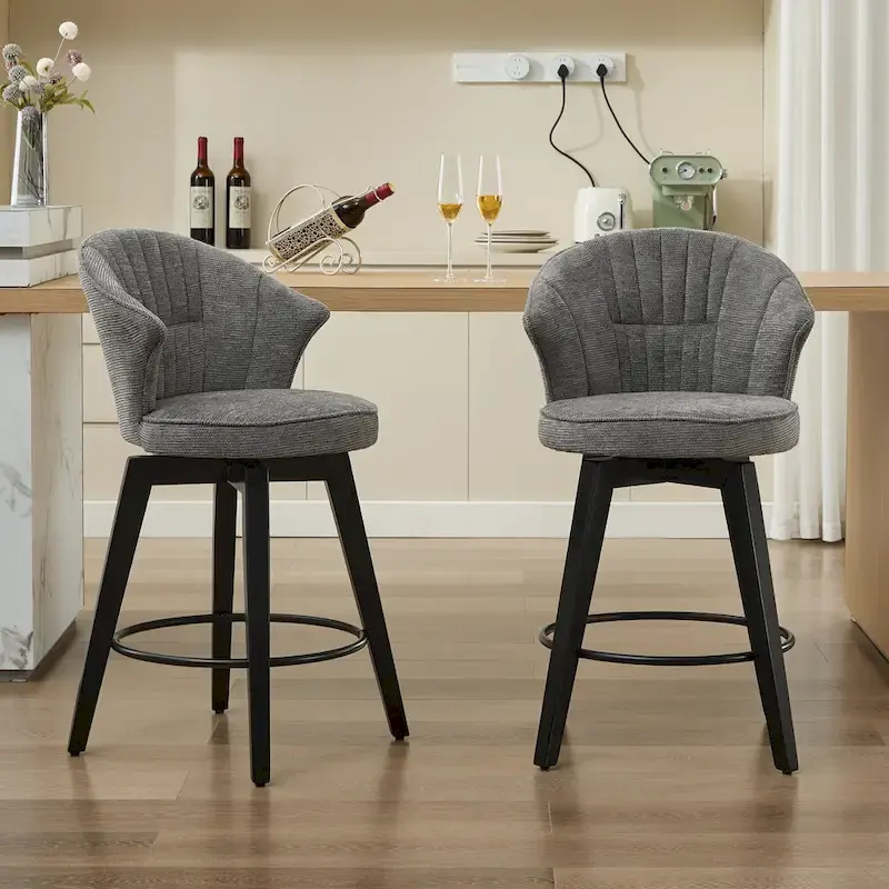 White / Blue / Dark Grey Swivel Bar Stools, Set of 2, Chenille Cushioned Counter Height Chairs with Metal Legs