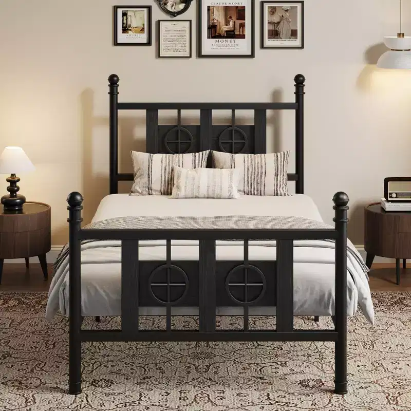 COZONY Metal Bed Frame with Headboard and Footboard, Vintage Circular Design, Noise-Free, Under Bed Storage, No Box Spring Needed