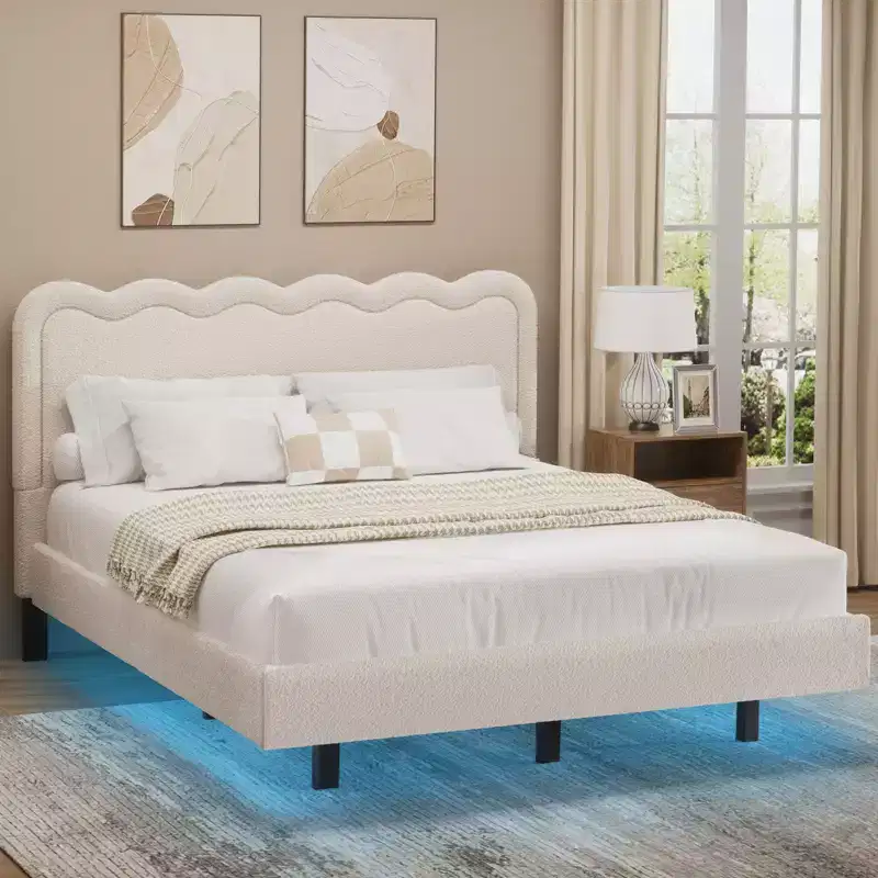 Dyonery Queen Size Boucle Bed Frame with LED Light,Floating Bed Frame with Waved Headboard & Sturdy Metal Frame,No Box Spring Noise-Free,Easy Assembly