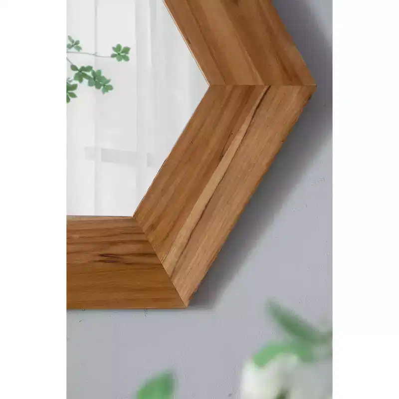 18.5 x 18.5 Inch Hexagon Wall Mirror with Natural Wood Frame