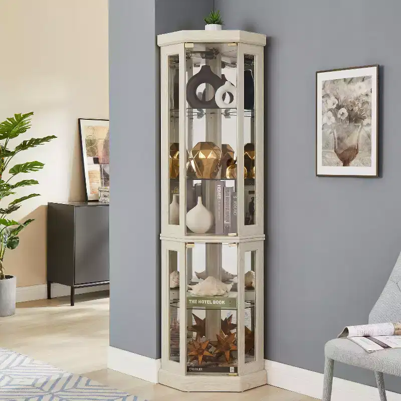 Cabinet with Lighted, Display Cabinet with Glass Doors, Corner China Cabinet with Tempered Adjustable Glass Shelves White