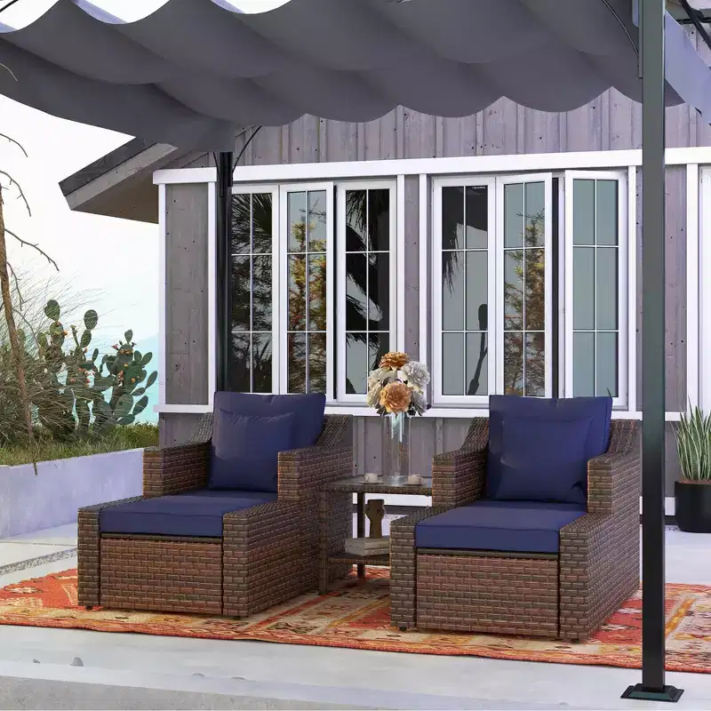 5pc Patio Furniture Set, All Weather PE Rattan Conversation Chair and Ottoman Set w/ Table, Cushion Pillows