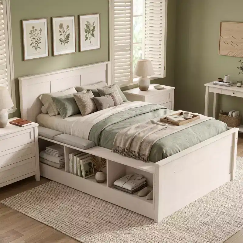 Polibi Solid Wood Platform Bed with Trundle and Storage Cabinet