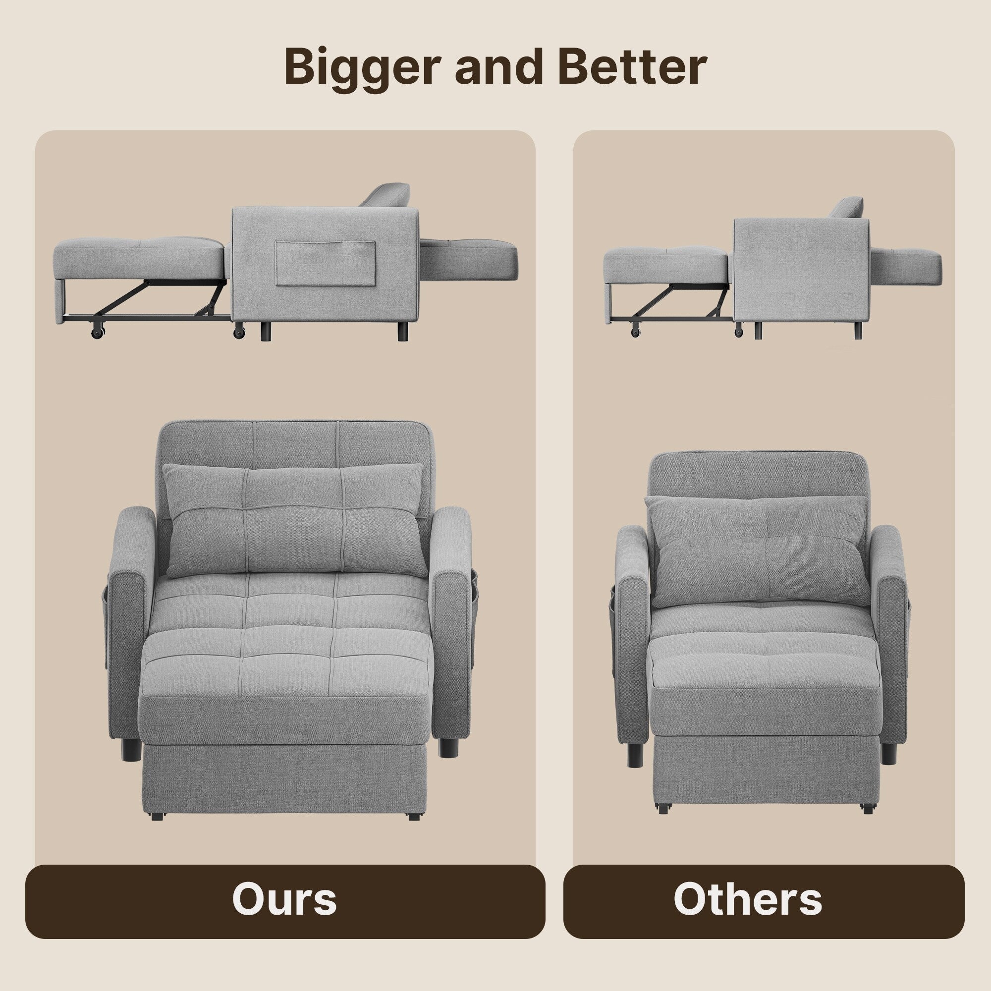 3-in-1 Pull-Out Sofa Bed Sleeper Chair , Convertible Adjustable Foldable Upholstered Lounge Couch