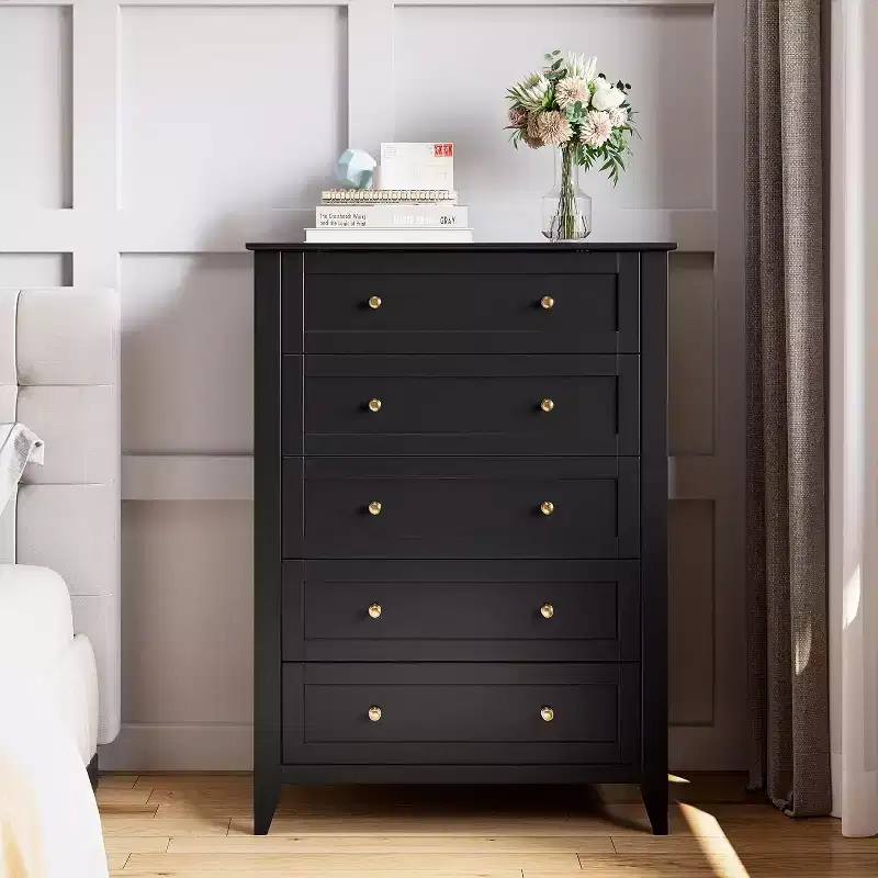 5 Drawer Tall Wooden Dresser, Modern Deep Drawers with Metal Knobs, Versatile Storage Chest for Bedroom Entryway Hallway