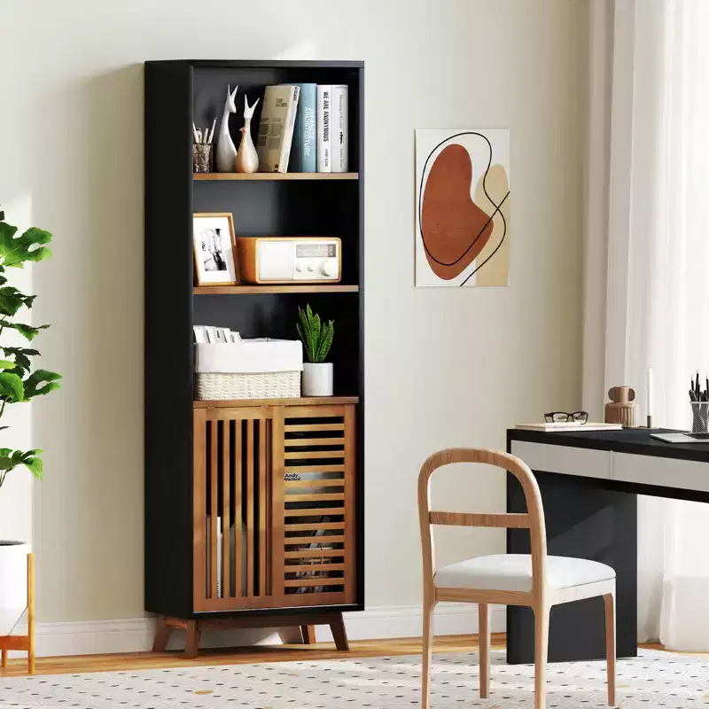 Costway 70 Bookshelf, 5-Tier Bookcase with Reversible Adjustable Shelf & Sliding Doors