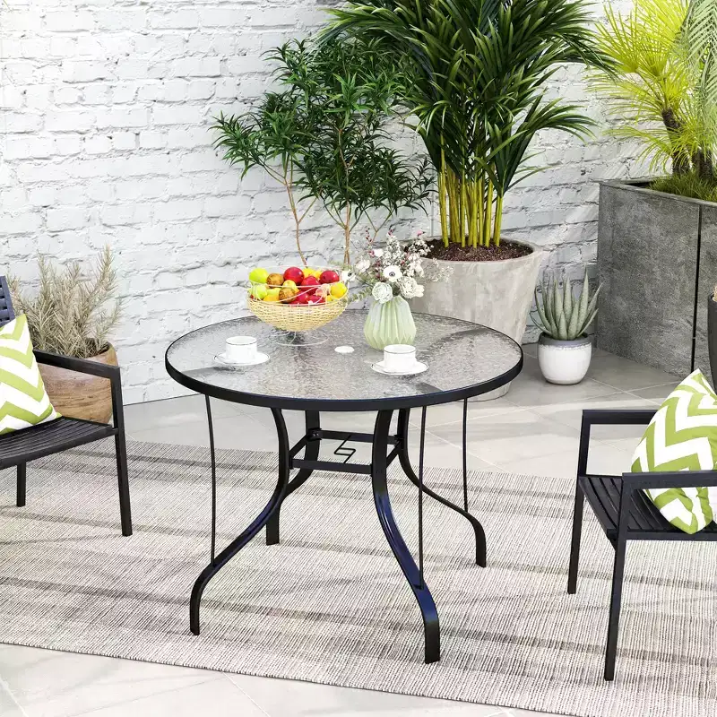 38 Round Patio Table with Umbrella Hole, Tempered Glass Outdoor Dining Table