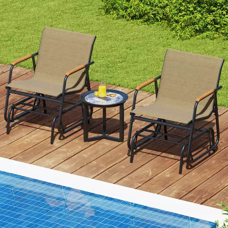 Costway Patio Glider Chair Set of 2 w/ Curved Teak Armrests & Breathable Fabric Seat