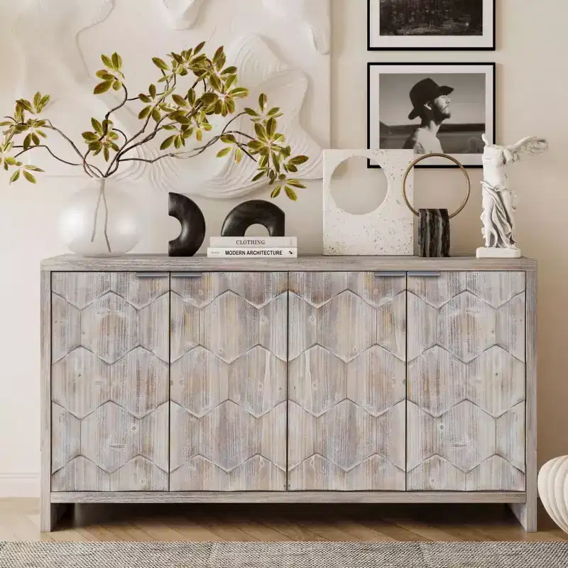 Sideboard Buffet Cabinet, Kitchen Pantry Storage Cabinet with 4 Metal Door Handles,Hexagonal Pattern Coffee Bar Cabinet