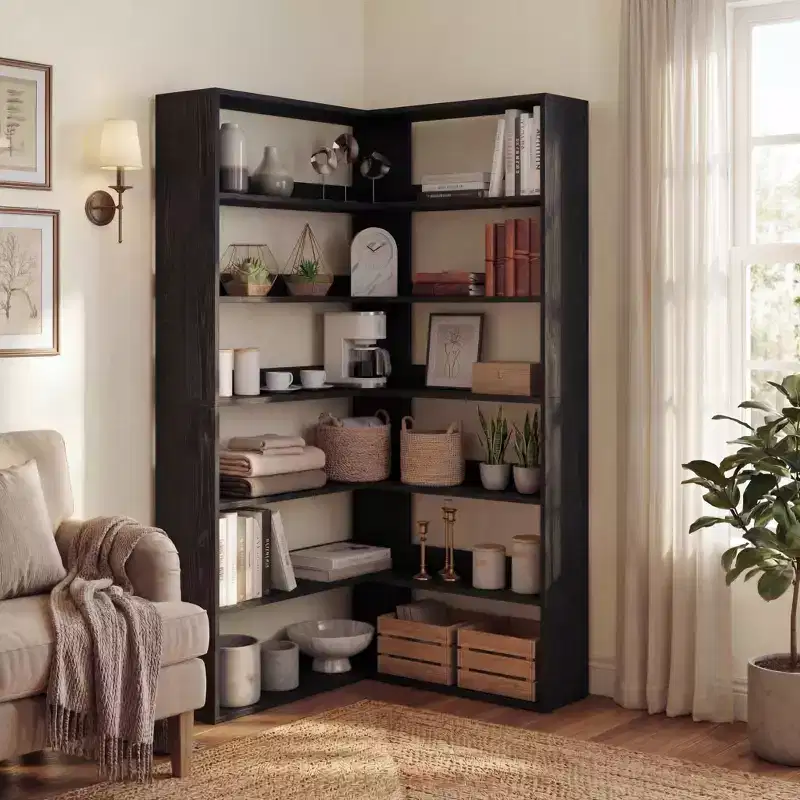 6-Tier Corner Bookshelf, Rustic Wood Corner Shelf Bookcase with Open Storage, L-Shaped Display Shelf for Living Room, Bedroom, Home Office