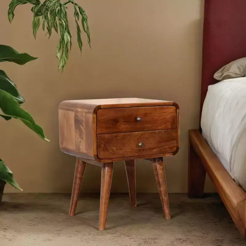 Modern Mango Wood Curved Nightstand with 2 Drawers