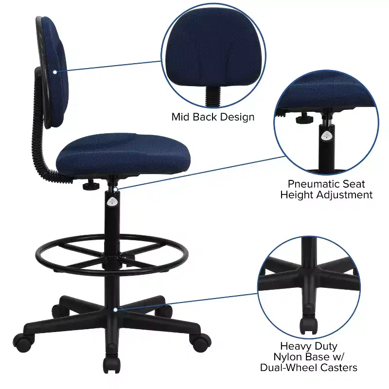 Adjustable Drafting Chair – Two Cylinder Heights, Mid-Back, Upholstered, 250 lb Capacity