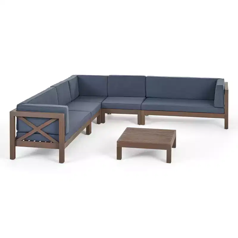 Christopher Knight Home Julie 6 Piece V-Shape Outdoor Acacia Wood Sectional Set with Coffee Table and Cushions