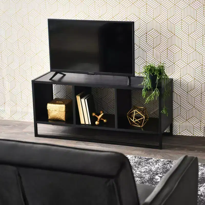 Jamestown TV Stand Coffee Table with Square Cube Storage Compartments Black Oak Wood Grain and Black Metal