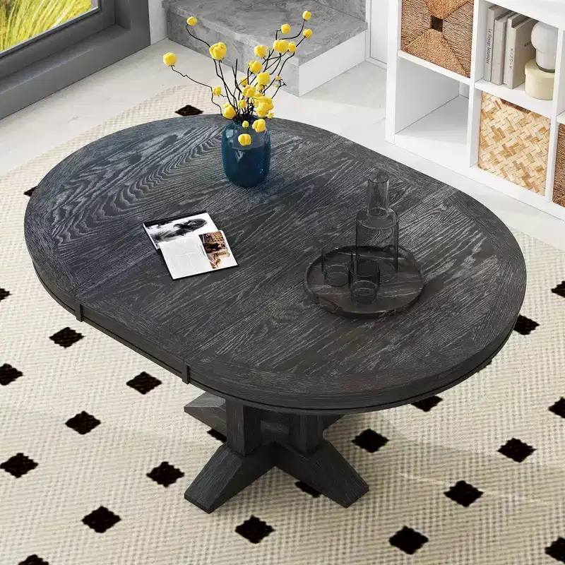 Farmhouse Style Wood Extendable Pedestal Dining Table with 14
