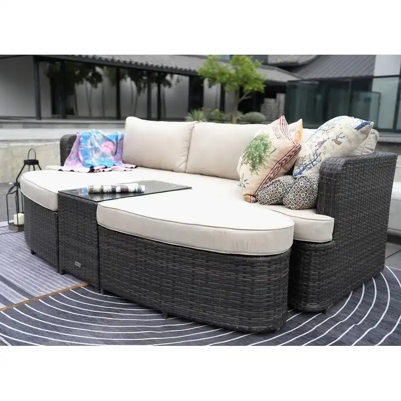9-piece Patio Wicker Daybed Set with Concrete Fire Pit Table