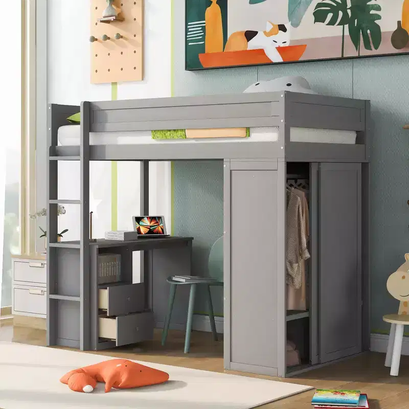 Wood Twin Size Loft Bed with Wardrobes and Desk, High Loft Bed Frame with 2 Storage Drawers and Cabinet for Kids Teens Adults