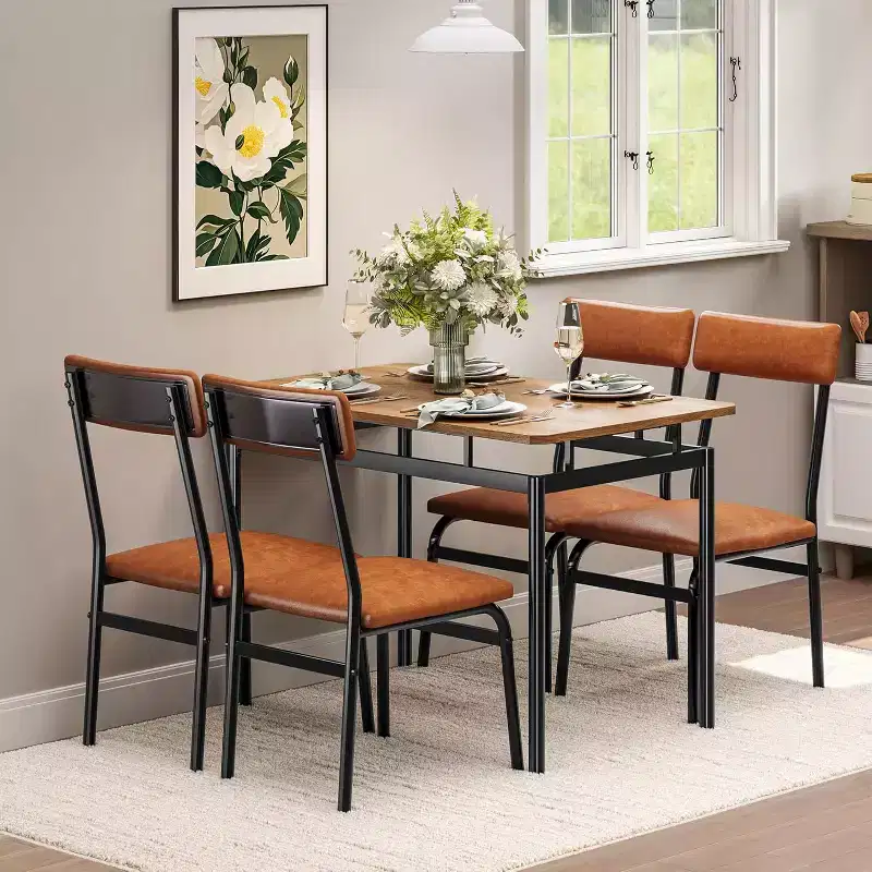 5 Piece Dining Table Set with Wooden Table & 4 PU Upholstered Chairs, Industrial Metal Frame, Compact Kitchen & Dining Room Set