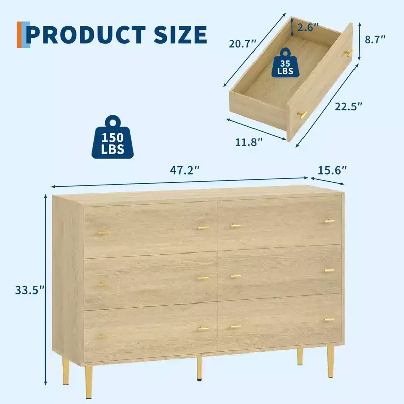 6 Drawer Dresser for Bedroom, 47W Wood Chest of Drawers with Bar Handles, Clothes Storage Organizer, Dresser TV Stand for Living Room