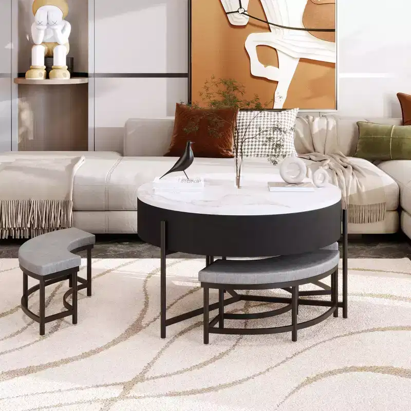 Modern Round Lift-Top Coffee Table with Storage and 3 Ottomans, White/Black