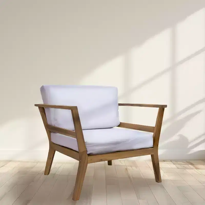 Sunnydaze Bodie Acacia Wood Patio Armchair with Bone White Cushions - Natural