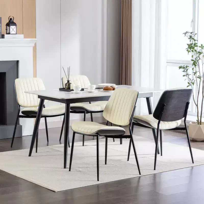 MAYEERTY Mid-Century Modern Dining Chairs - Faux Leather, Walnut Bentwood Back, Metal Legs, Adjustable Foot, Beige PU, Set of 2