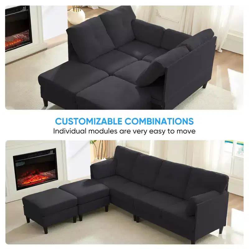 Mjkone Modular Convertible Sectional Sofa Couch, Upholstered Comfy Fabric 4-Seater Sofa with Movable Ottomans