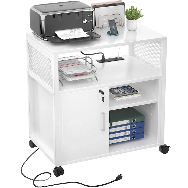 Rolling File Cabinet Lateral Office Filing Cabinets with Charging Station,Modern Printer Stand on Wheels