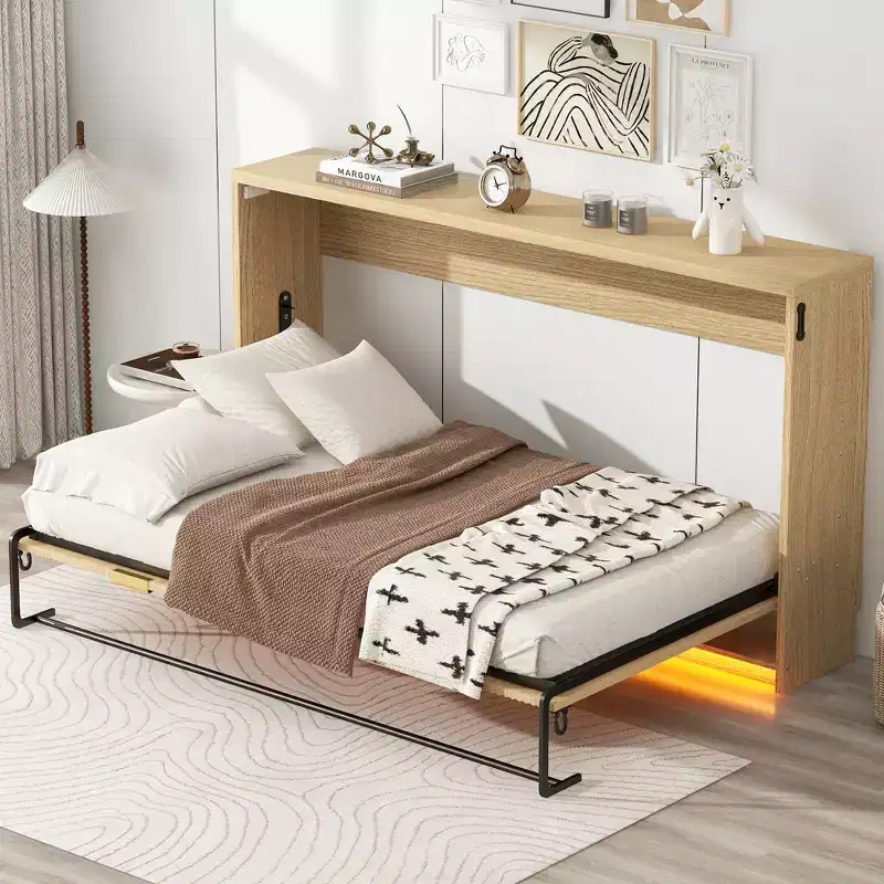 ModernLuxe Twin XL Size Murphy Bed Wall Bed Frame, Wooden Storage Cabinet Bed with LED Light, Natural