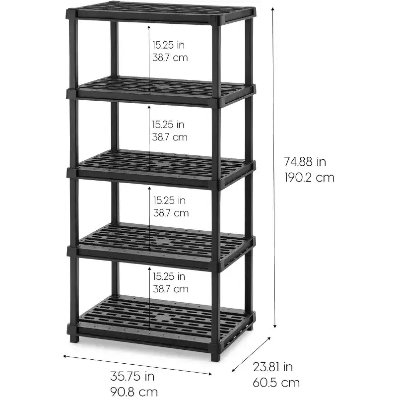 IRIS USA 5-Shelf Heavy Duty Deep Plastic Storage Shelves, 750lb Capacity, Shelving Unit Storage Organizer for Garage, Black