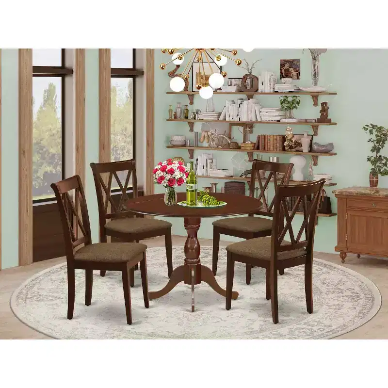 5-Piece Mahogany Finish Solid Wood Top Dining table with 4 Chairs with Drop Leaf Lattice Back