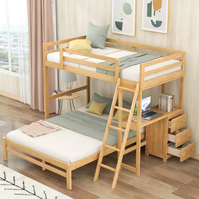 Bellemave Bunk Bed Twin Over Full, Wood Bunk Beds with Desk, Twin Over Full Bunk Bed with 3 Drawers, Loft Bed with Desk for Kids Adults,Natural