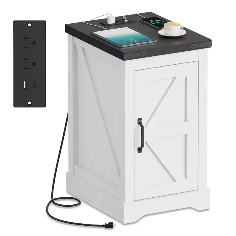 Farmhouse End Table, Adjustable Shelf, Cable Management | Convenient Power End Table for Bedroom, Living Room