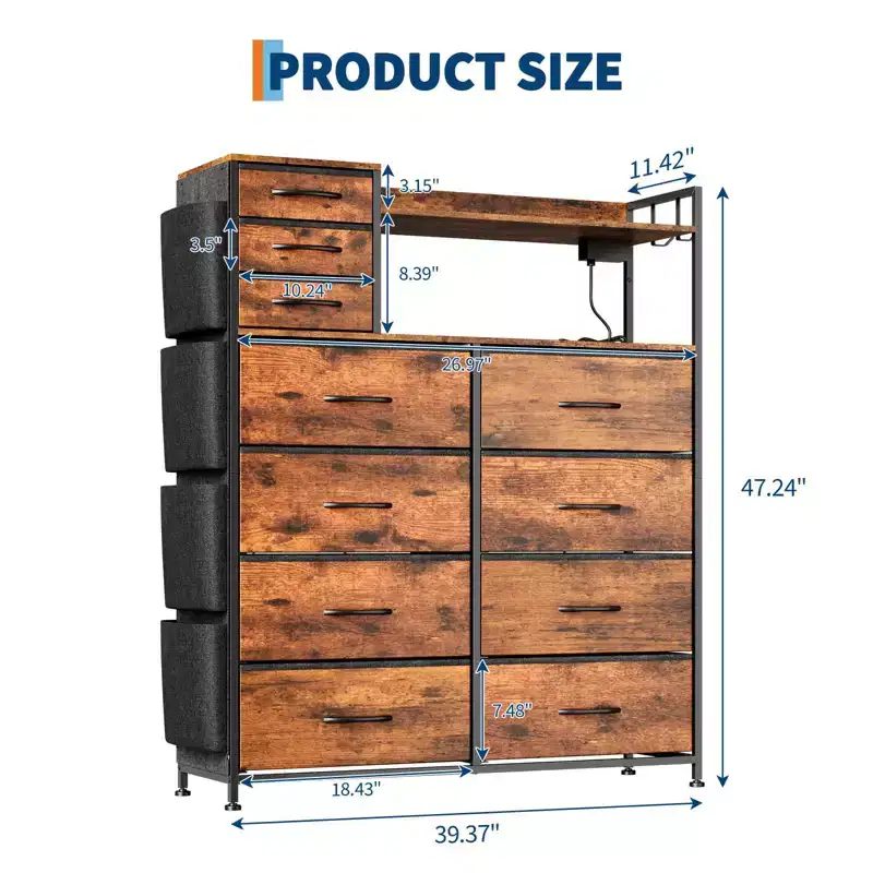 Fabric 11-Drawer Dresser with Charging Station & LED Lights