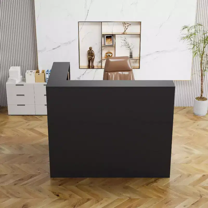 Modern L-Shaped Reception Desk with Removable Shelves Lockable Storage Welcome Desk Cable Management