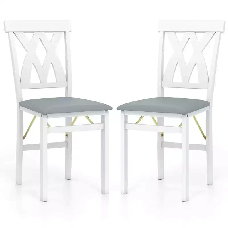Costway Folding Kitchen Chairs Set of 2/4 with Rubber Wood Frame Padded Seat with PVC Leather White/Brown