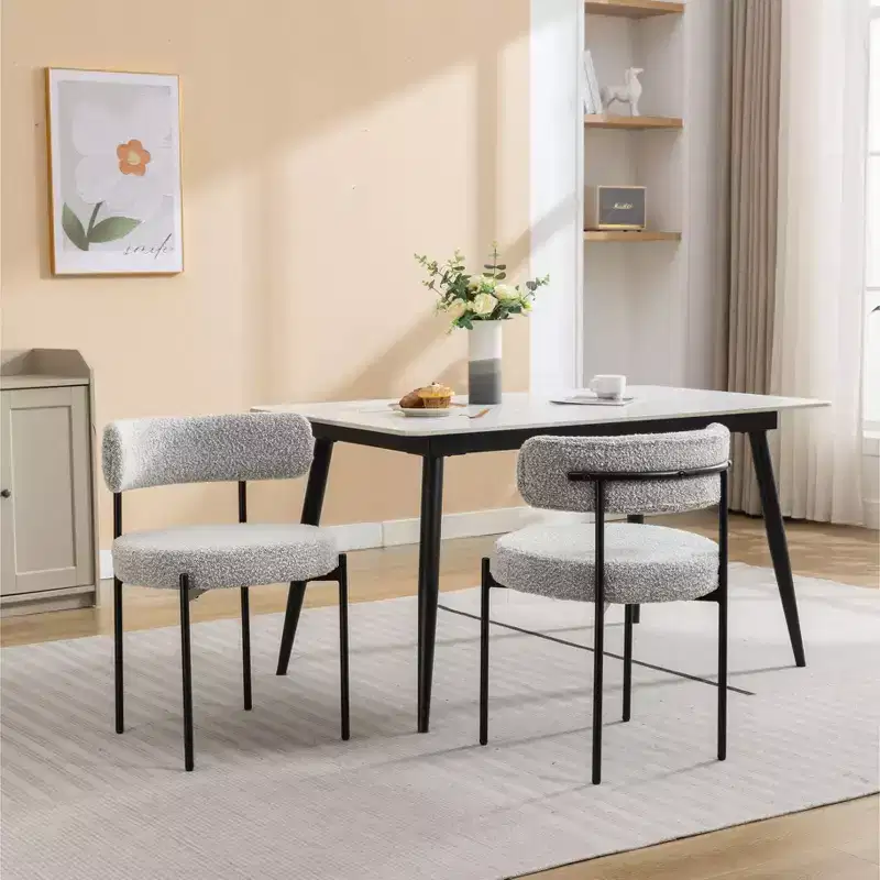 Okak Modern Boucle Dining Chairs Set of 2, Round Barrel Design, Thick Cushioned & Metal Legs, Comfy Kitchen Living Room Side Chairs