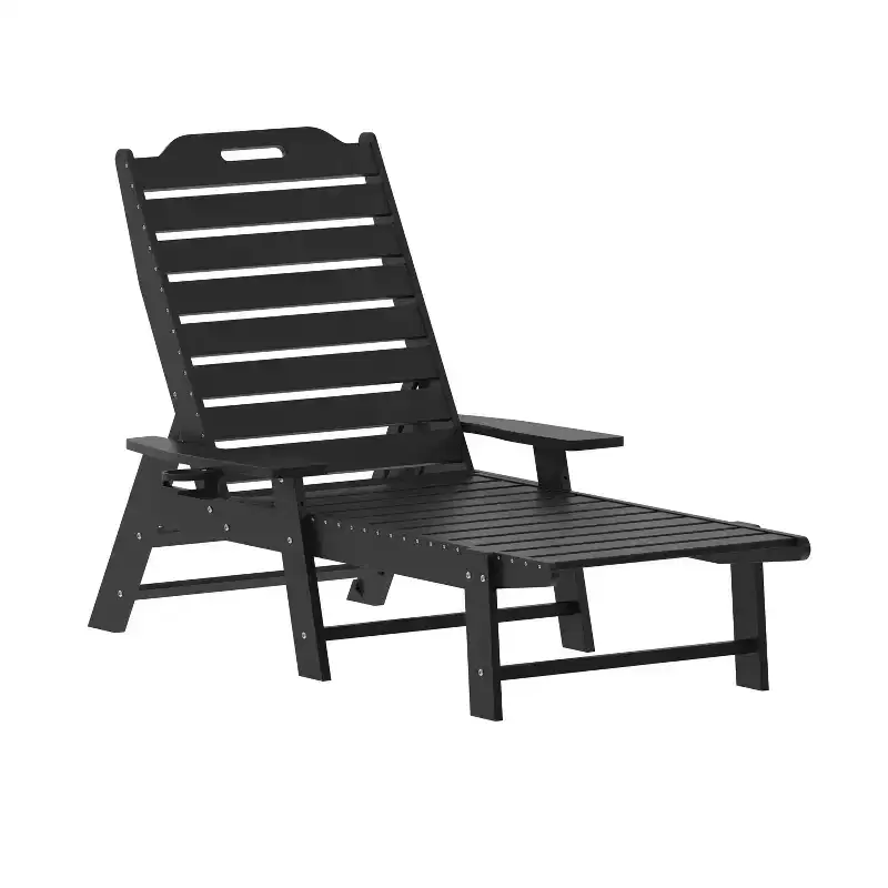 Merrick Lane Gaylord Adjustable Adirondack Lounger with Cup Holder- All-Weather Indoor/Outdoor HDPE Lounge Chair in Black