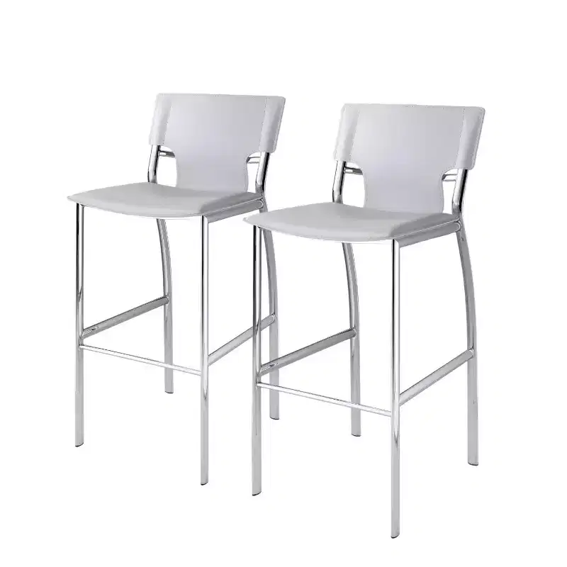 Set of Two 29 White and Silver Metal and Faux Leather Low Back Bar Height Bar Chairs