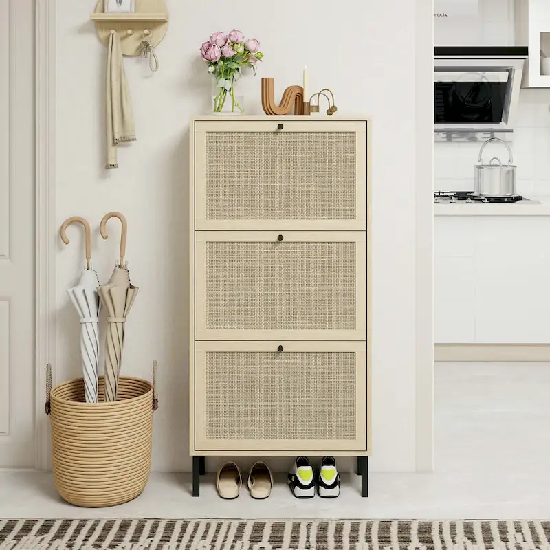 3-Door Engineered Rattan Shoe Cabinet with 2-Tier Compartments